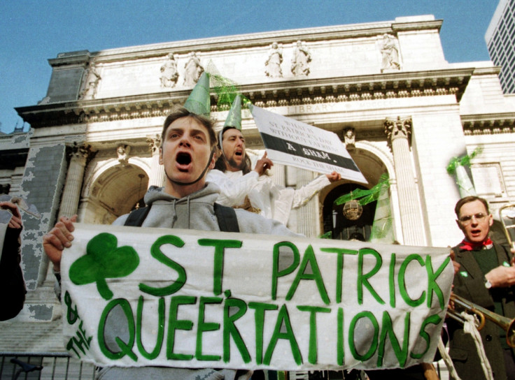 Members of New York's gay and lesbian community protest their exclusion from the annual St. Patrick's Day Parade in front of New York's Public Library