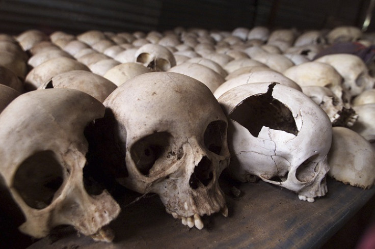 Skulls of Rwandan genocide victims at the Ntarama Genocide Memorial, near the nation's capital Kigali.