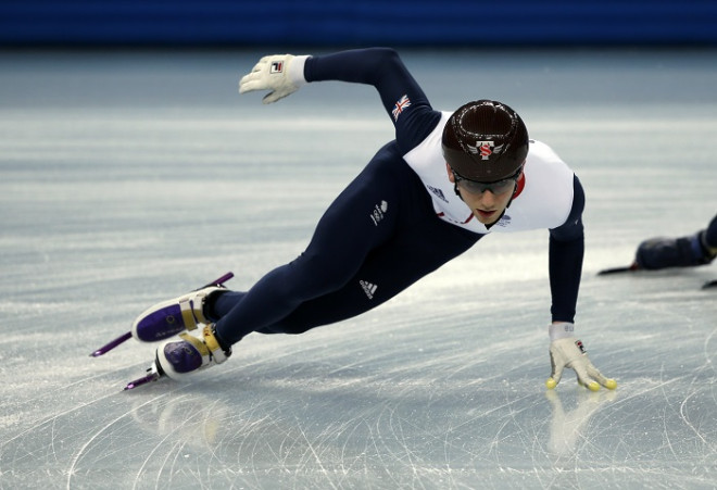 A British team short track speed skater practices in preparation for the 2014 Sochi Winter Olympics.