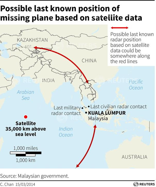 Maps showing the possible last known position of Malaysia Airlines flight MH370 based on satellite data.