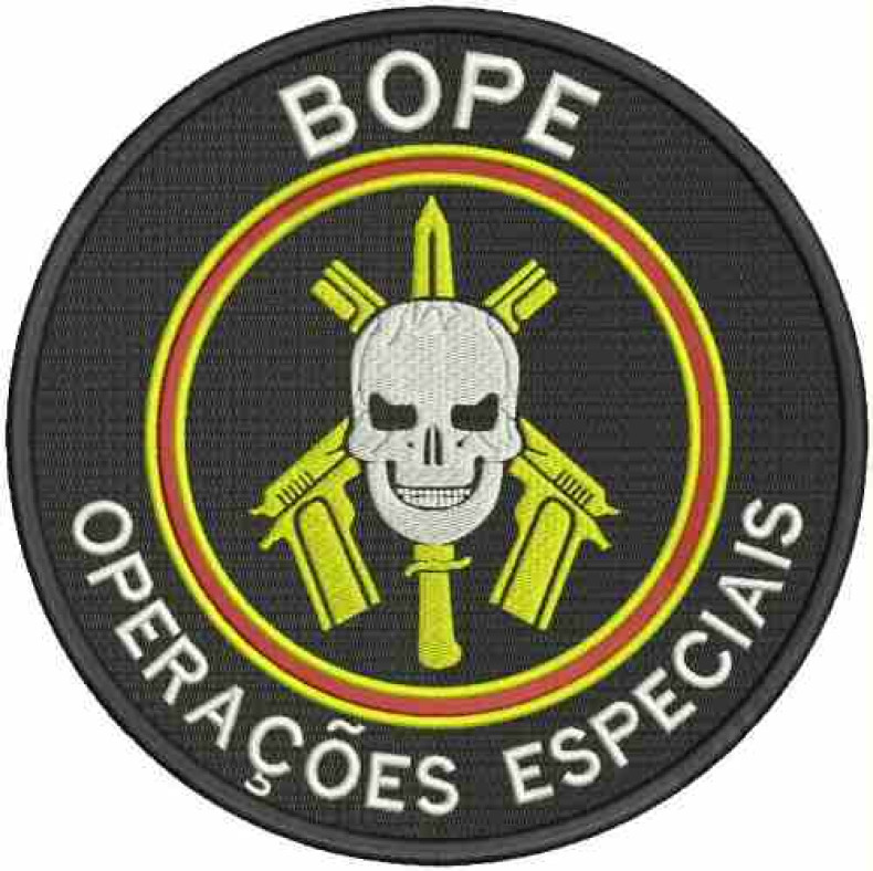 The BOPE Faca na carveira (knife in skull) logo.