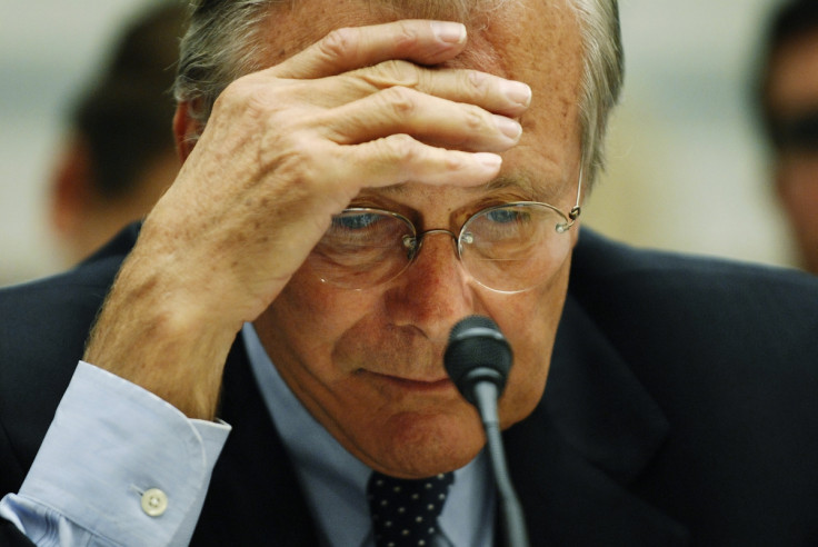Former US Defence Secretary Donald Rumsfeld during a government hearing on combat deaths in Afghanistan