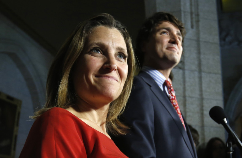 Liberal leader Justin Trudeau takes part in a news conference with Chrystia Freeland (L),