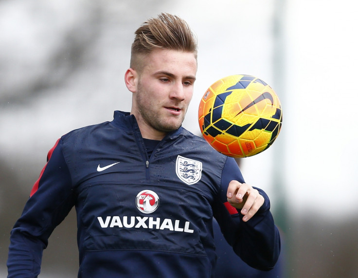 England's Luke Shaw controls the ball during a team training session at the Tottenham Hotspur training ground in Enfield, north of London, March 3, 2014.