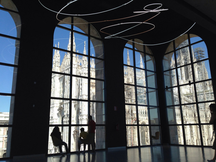 Patrons of Milan's Novecento Modern Art Museum admiring the city's Gothic cathedral. Taken with an iPhone