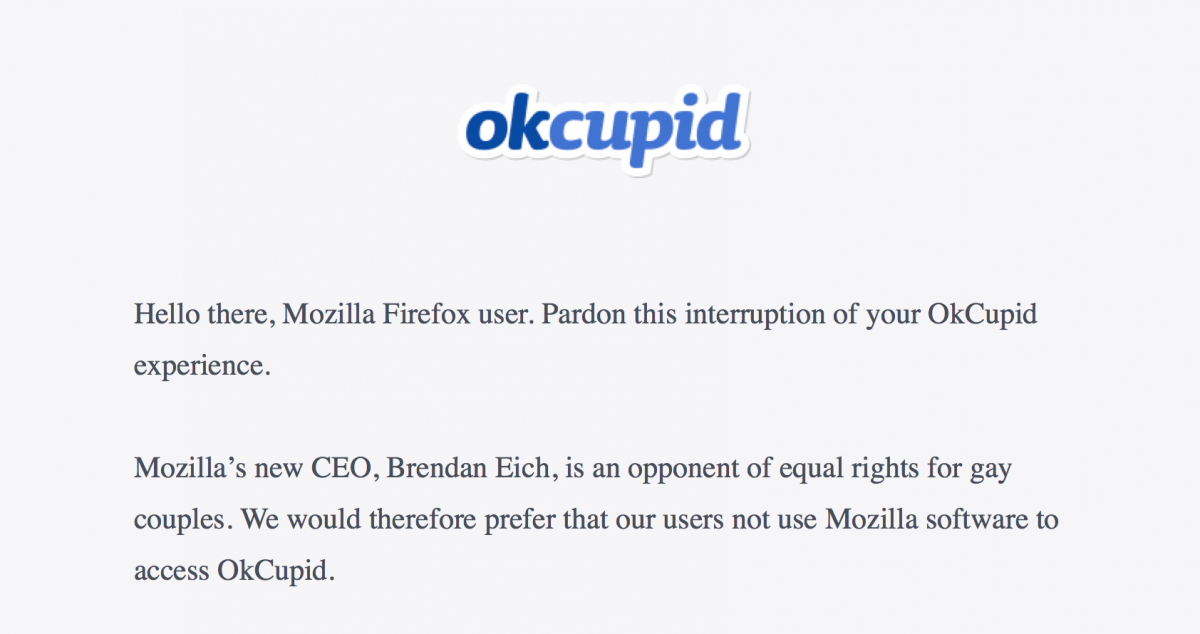 OKCupid Block Firefox Users over Brendan Eich Anti-Gay Stance