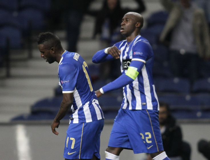 Porto's Eliaquim Mangala (R) celebrates his goal against Sevilla with teammate Silvestre Varela during their Europa League quarter-final first leg soccer match at the Dragao stadium in Porto April 3, 2014.