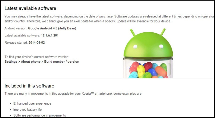 Software update page for Sony Xperia SP