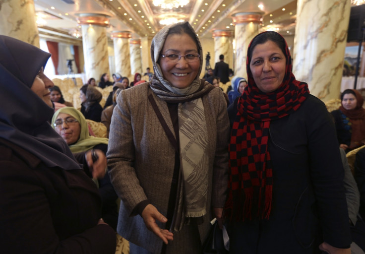 Afghan vice presidential candidate, Habiba Sarabi (C), talks to her supporters during a campaign rally