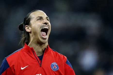 Paris Saint Germain's Zlatan Ibrahimovic reacts during the warm up before the French Ligue 1 soccer match against Nice at l'Allianz stadium in Nice March 28, 2014.
