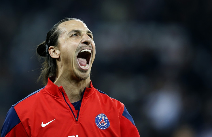 Paris Saint Germain's Zlatan Ibrahimovic reacts during the warm up before the French Ligue 1 soccer match against Nice at l'Allianz stadium in Nice March 28, 2014.
