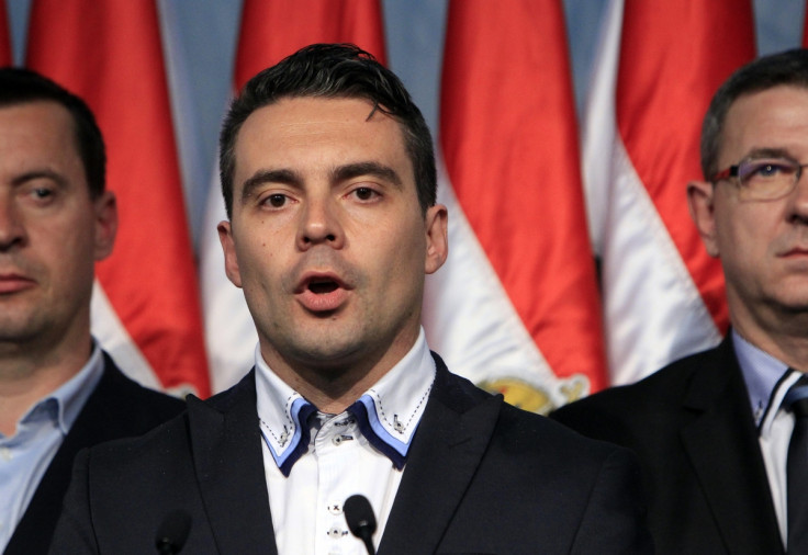 Gabor Vona, the chairman of the far-right Jobbik party, addresses to supporters after partial results of parliamentary elections are announced in Budapest