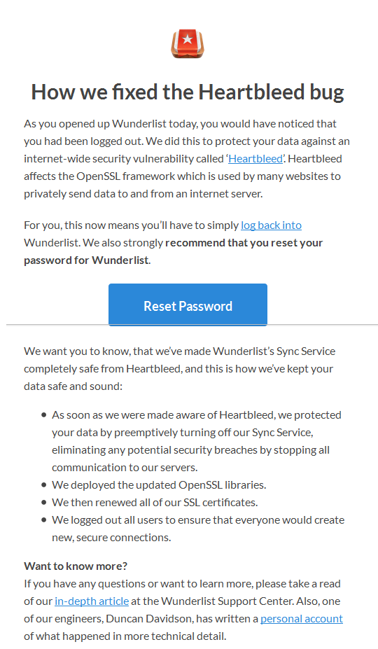 Heartbleed: Wunderlist email