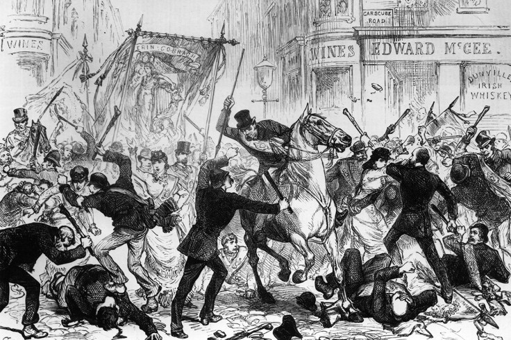 14 August 1880:  Police armed with batons and demonstrators armed with cudgels fight during an Irish Home Rule riot in Glasgow