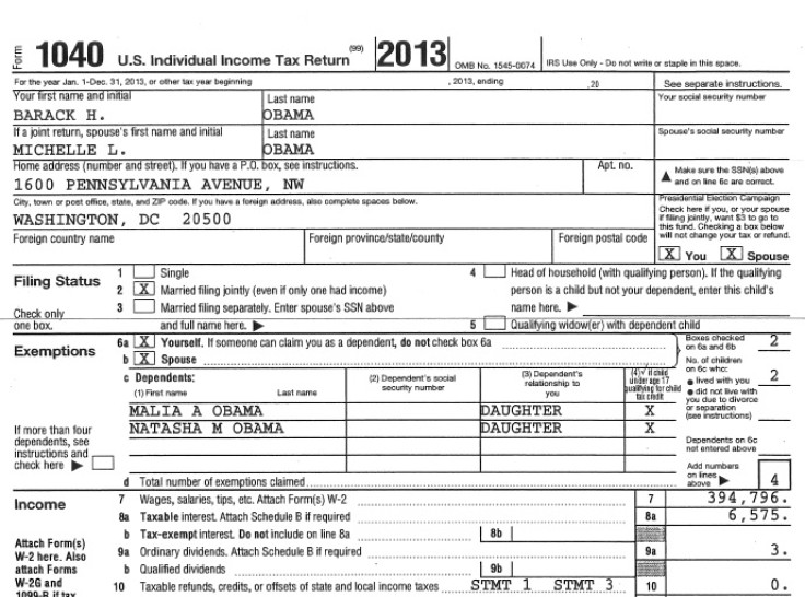 US President Barack Obama's 2013 income tax return, which was released by the White House on Friday.