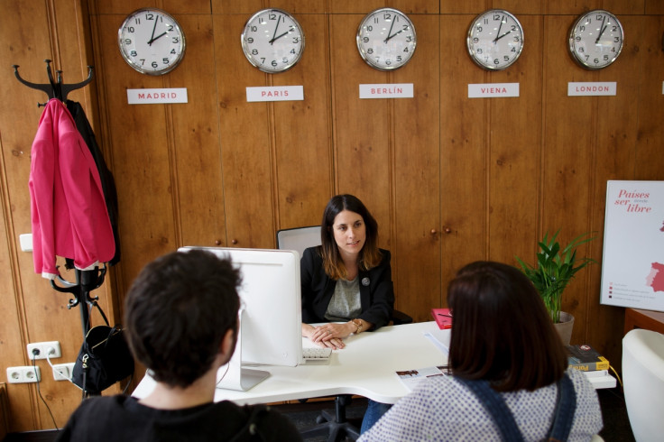 A campaigner offers information at the Abortion Travel Agency in Madrid, Spain.