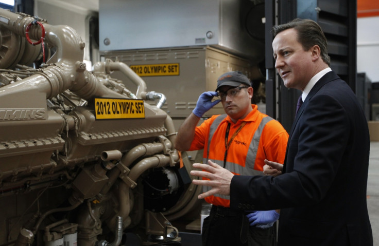 Britain's Prime Minister David Cameron speaks to workers during his visit to an Aggreko factory in Dumbarton, Scotland