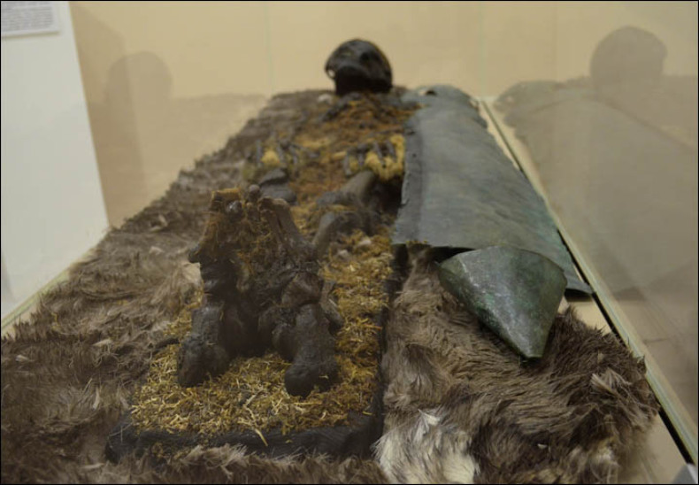 An adult male Siberian mummy, complete with copper plating covering him from chest to foot