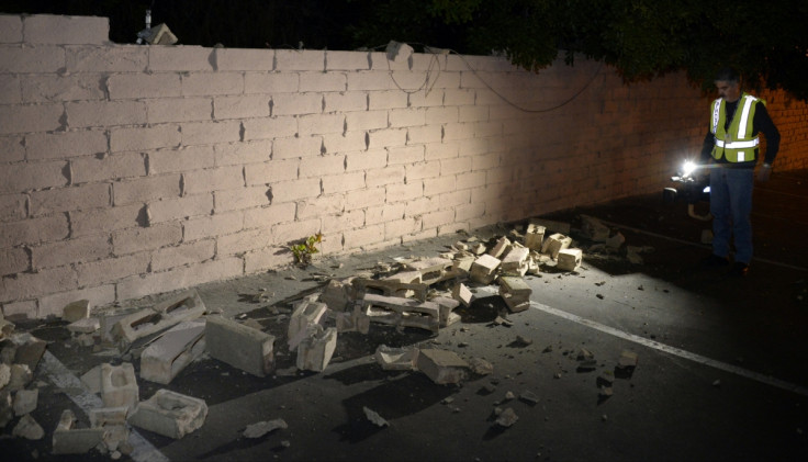 A fallen brick wall after a magnitude 5.1 earthquake in Fullerton, California March 29