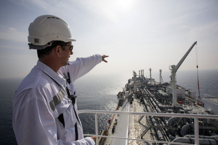 An officer points as he stands on a tanker carrying liquefied natural gas in the Mediterranean, some 10 km (6 miles) from the coastal Israeli city of Hadera