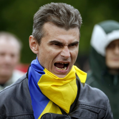A pro-Ukranian activist shouts slogans during a rally in Luhansk, eastern Ukraine, April 28