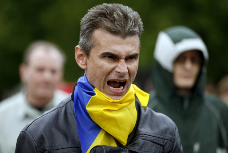 A pro-Ukranian activist shouts slogans during a rally in Luhansk, eastern Ukraine, April 28