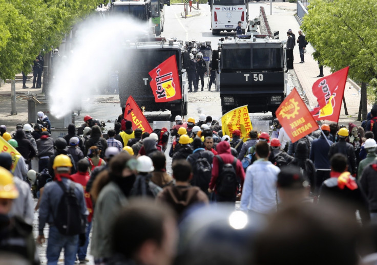 Riot police use water cannon to disperse protesters during a May Day demonstration in Istanbul