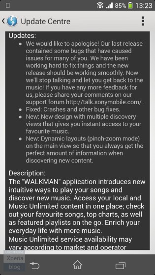 Xperia Z1 Gets Android 4.4.2 Bug-Fix Update (14.3.A.0.761), Walkman App Gets Crash-Fix (8.3.A.0.5) Xperia Z1 Gets Android 4.4.2 Bug-Fix Update (14.3.A.0.761), Walkman App Gets Crash-Fix (8.3.A.0.5)
