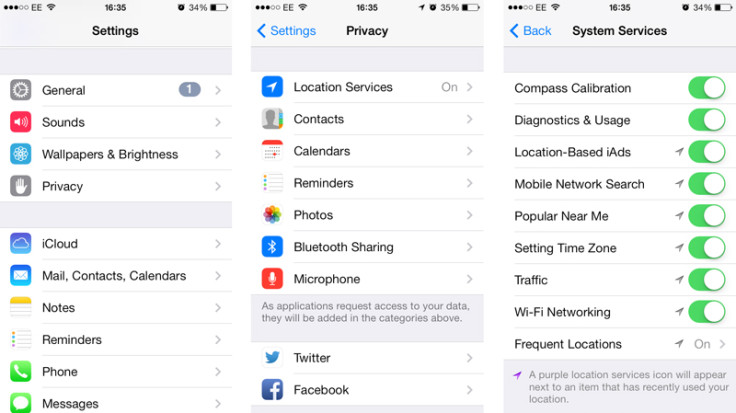 System Services Settings in iOS 7 on the iPhone