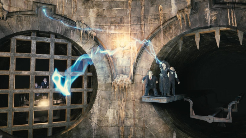 The fanatical Bellatrix Lestrange defends her bank vault from Harry, Ron and Hermione
