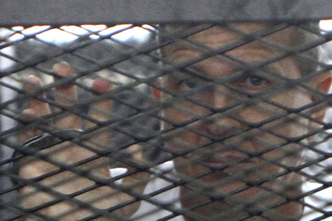 Al Jazeera journalist Peter Greste of Australia stands in a metal cage during his trial in a court in Cairo
