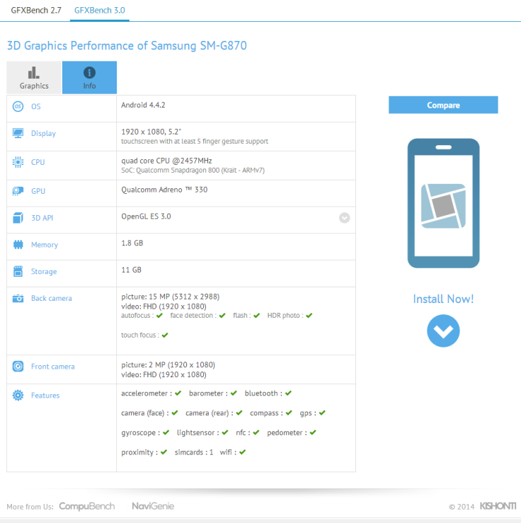Galaxy S5 Active (SM-G870) Specs Leak in GFXBench: 5.2in Full HD Display, Snapdragon 800 CPU and 16MP Camera