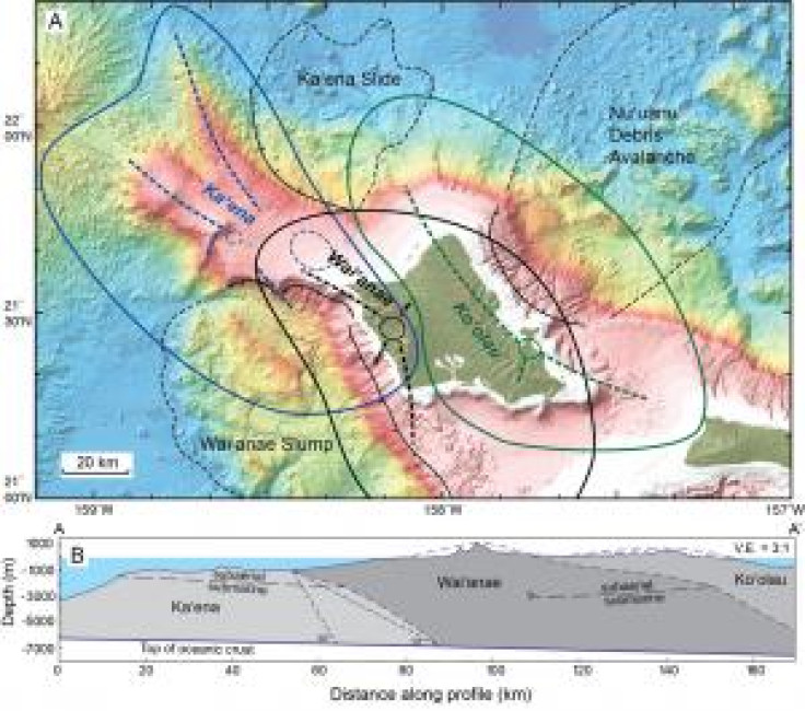 Schematic of three volcanoes now thought to make up the region of O'ahu
