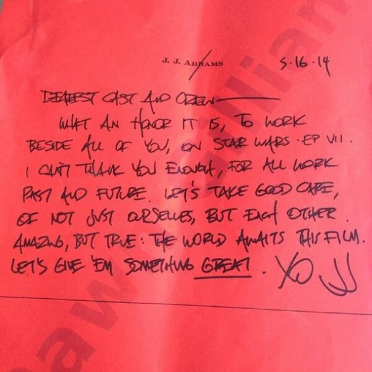 Star Wars director J.J. Abrams' note to cast and crew