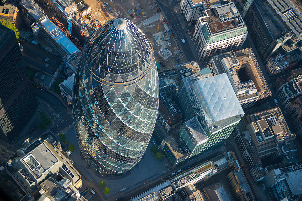 Looking down on 30 St Mary Axe informally known by many as The Gherkin
