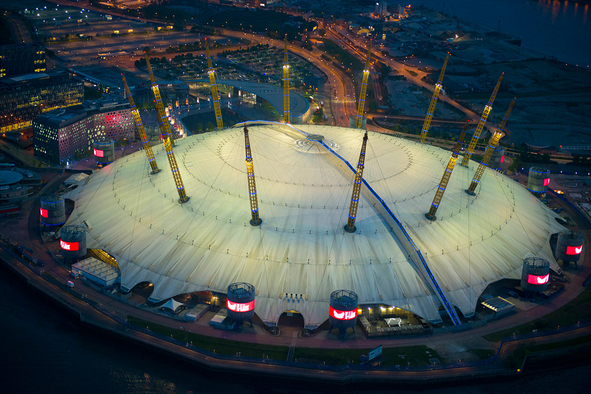 The O2 Arena in Greenwich illuminated at night