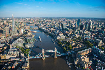Daytime view from Tower Bridge down the Thames showing the City and The Shard