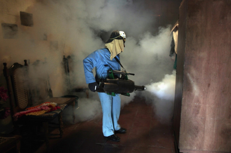 A health worker fumigates inside a home to eliminate mosquitoes