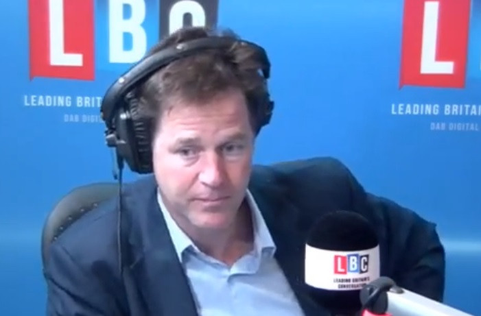 Nick Clegg denied weeping at poor election results on his weekly LBC radio phone-in