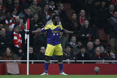 Swansea City's Wilfried Bony celebrates after scoring during their English Premier League soccer match against Arsenal at the Emirates stadium in London March 25, 2014.