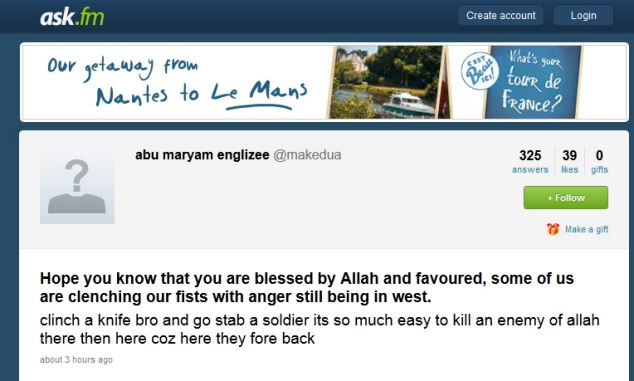 ask.fm posting by Jabbar, in which he urges Muslims to wage jihad. ask.fm posting by Jabbar, in which he urges Muslims to wage jihad.