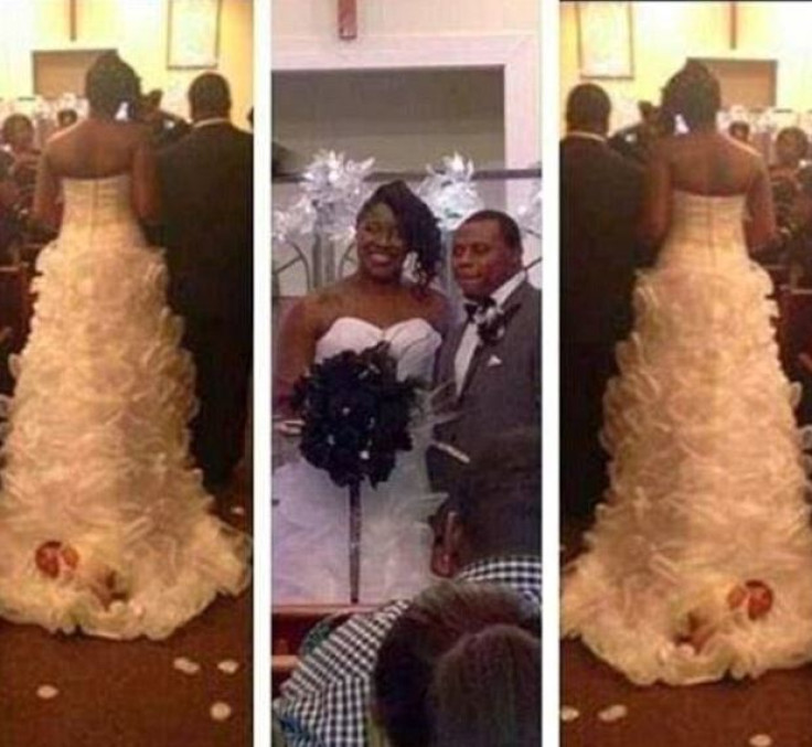 Shona Carter-Brooks tied one-month-old Aubrey to her wedding train and dragged her as she walked down the aisle.