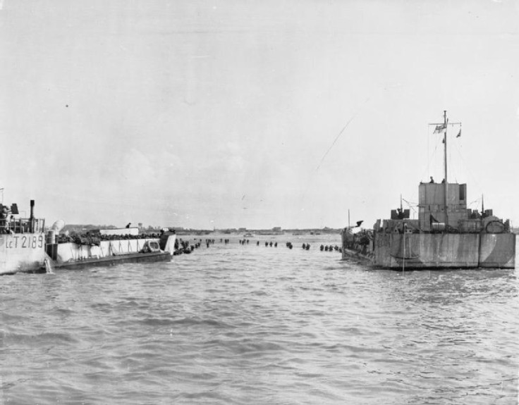 The Royal Navy during the Second World War LCT 2189 supported by a LCG (Landing Craft (Gun)) discharges Allied troops onto the Normandy beaches during D Day.