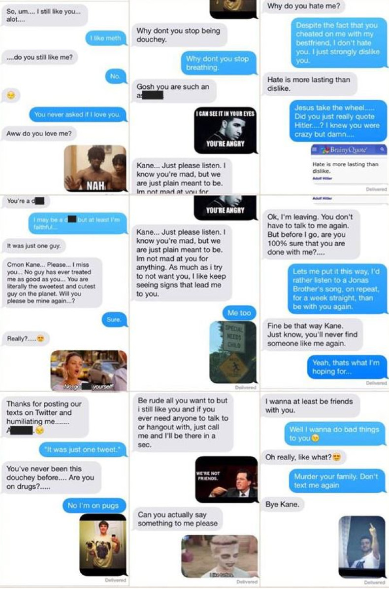 Kane Zipperman posted the entire text exchange with his former girlfriend on Twitter.