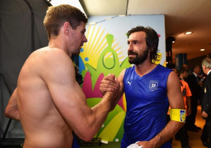 England captain Steven gerrard and Itaky's Andrea Pirlo swap shirts after the match. (@LFCPhoto)