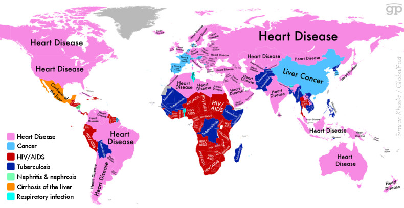 Sickness map of the world ranks the top killers across countries and continents