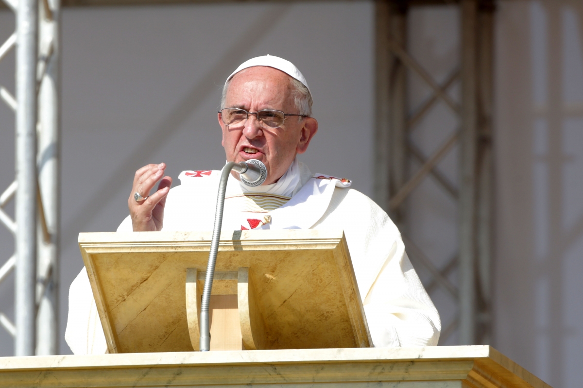 Pope Francis addresses the crowd at an outdoot Mass in Piana di Sibari, Calabria Getty