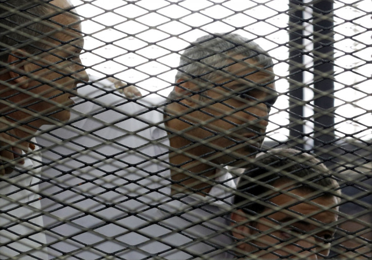 Peter Greste, Mohamed Fahmy and Baher Mohamed (L to R) listen to a ruling at a court in Cairo