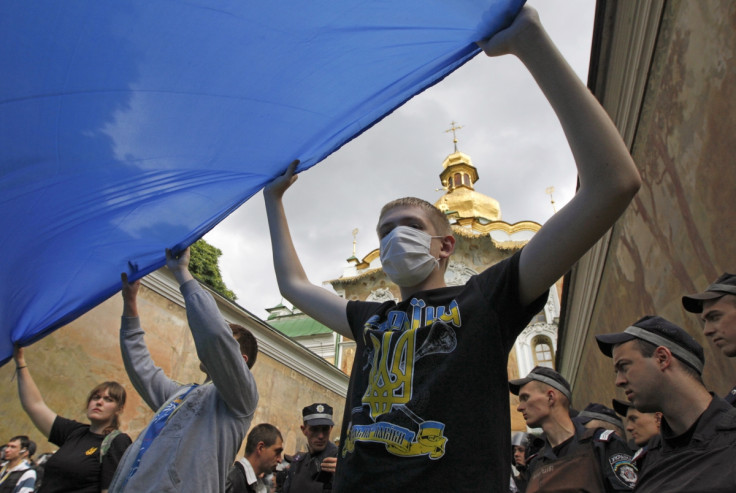 People take part in a pro-Ukrainian anti-separatist rally near Kiev