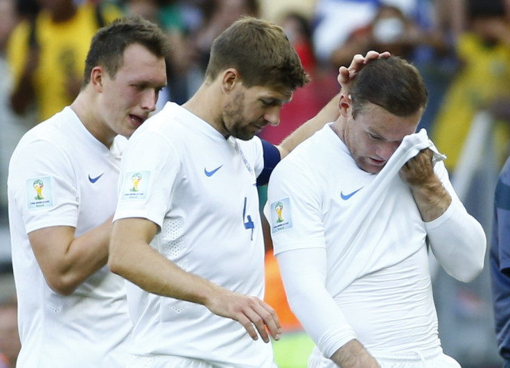 England's Phil Jones ,Steven Gerrard and Wayne Rooney react after the match against Costa Rica during their 2014 World Cup Group D soccer match at the Mineirao stadium in Belo Horizonte June 24, 2014